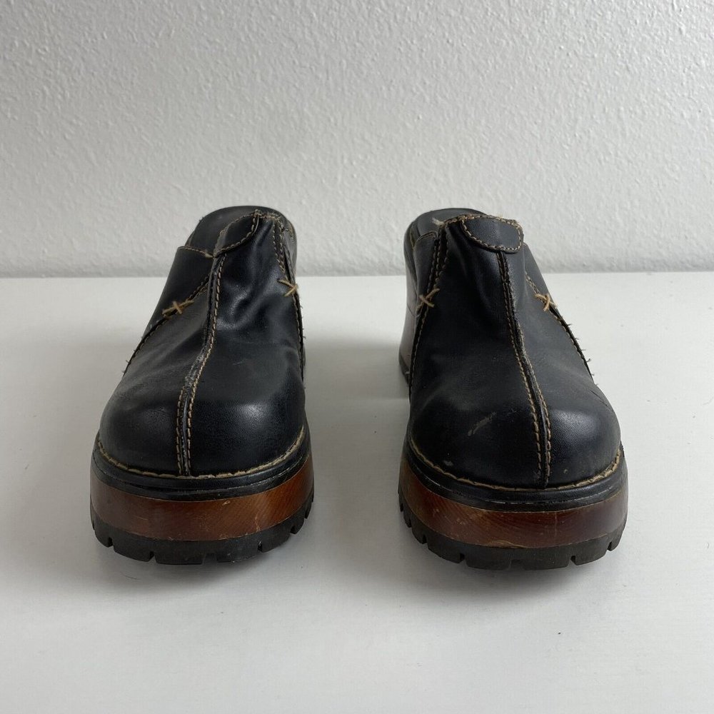 90s Y2K Vintage Soda Black Faux Leather Wooden Block Heel Platform Clogs Women 7 - Picture 3 of 12